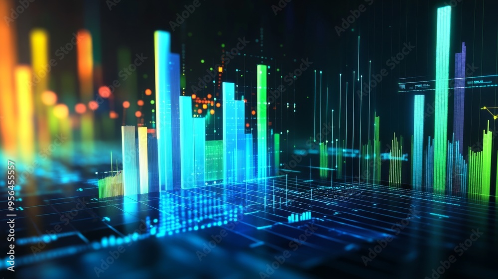 Vibrant 3D bar chart in blue and green, with a digital interface overlay, set against a dark background Vibrant 3D bar chart in blue and green, with a digital interface overlay, set against a dark background