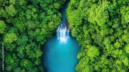 Aerial a cascading waterfall plunging into a deep pool surrounded by lush tropical vegetation, a powerful and mesmerizing natural spectacle