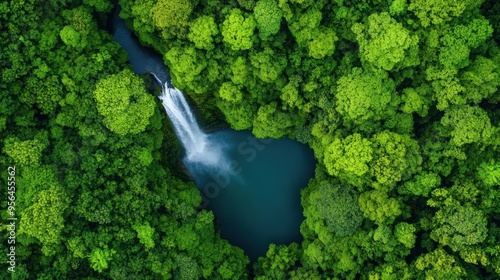 Aerial a cascading waterfall plunging into a deep pool surrounded by lush tropical vegetation, a powerful and mesmerizing natural spectacle