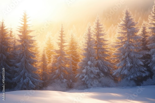 A serene winter landscape with snow-covered trees illuminated by soft sunlight.