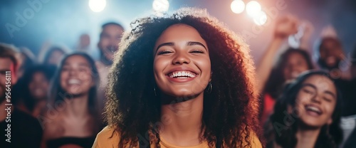 A young woman with curly hair smiles brightly at a concert, surrounded by other smiling people.