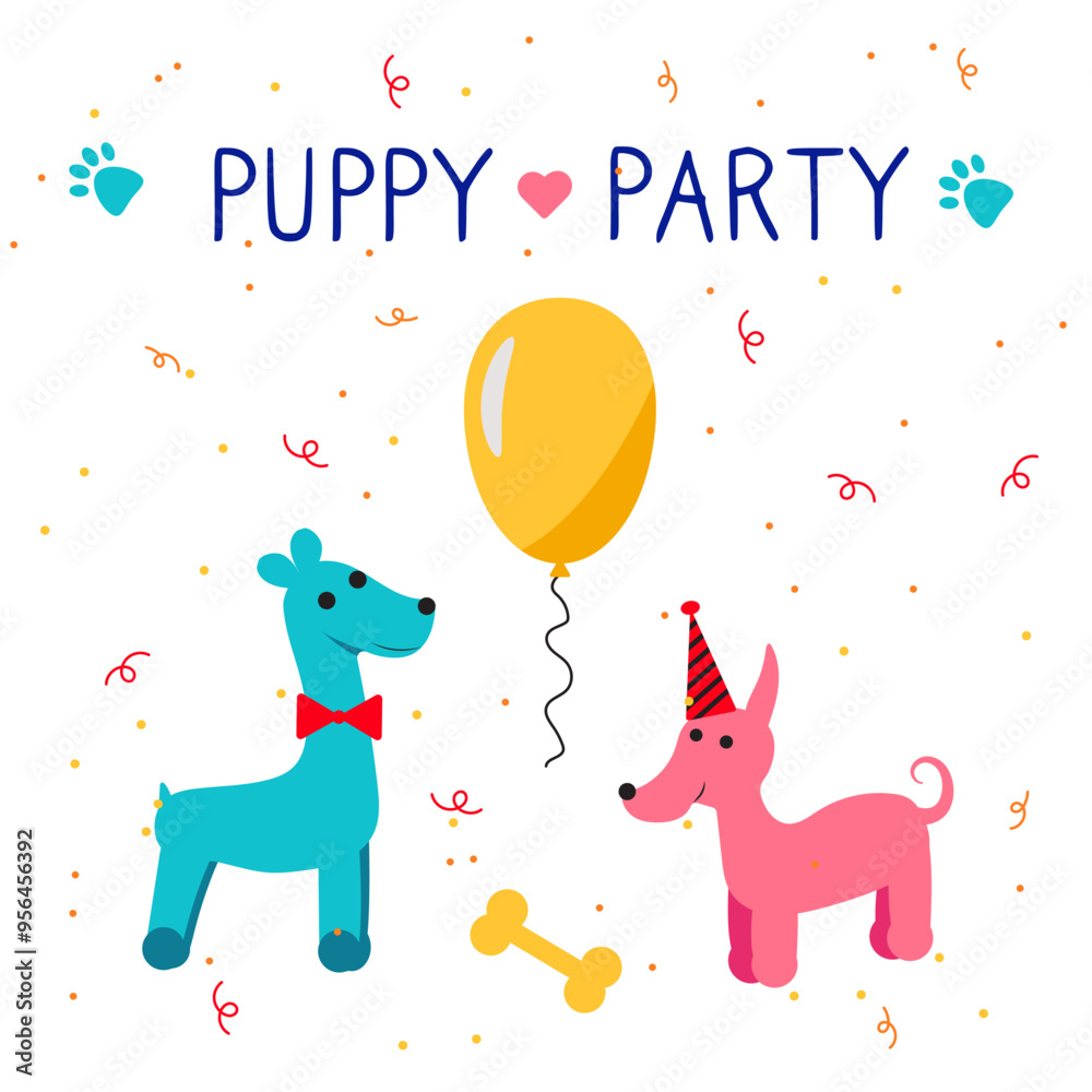 Set of vector doodles with cute dogs in multicoloured hats with balloon. Set of vector doodles with cute dogs in multicoloured hats with balloon.