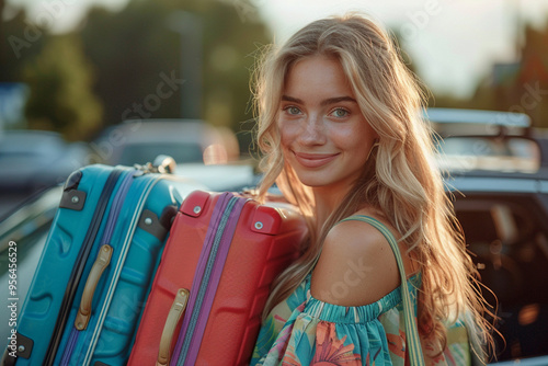 On a sunny summer morning, a young female driver with a wide-angle view is joyfully loading her vibrant luggage suitcase into her car, eagerly anticipating adventures and relaxation that await her on  photo