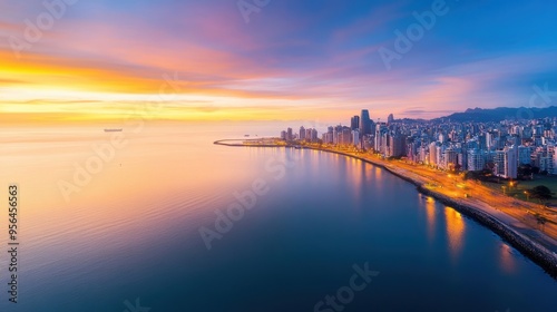 Aerial a coastal city at twilight, where the ocean meets the urban landscape, with lights beginning to glow along the waterfront