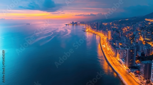 Aerial a coastal city at twilight, where the ocean meets the urban landscape, with lights beginning to glow along the waterfront