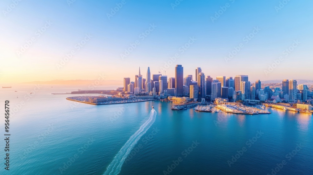 Naklejka premium Aerial a coastal city skyline with high-rise buildings lining the waterfront, boats in the harbor, and the ocean stretching out to the horizon