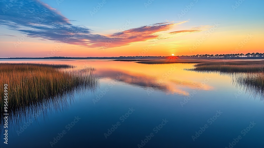 These photos depict sunrise and sunset over the marsh and water in Lowcountry Charleston South Carolina The exact location is Buck Hall Recreational center and Boat Ramp : Generative AI These photos depict sunrise and sunset over the marsh and water in Lowcountry Charleston South Carolina The exact location is Buck Hall Recreational center and Boat Ramp : Generative AI