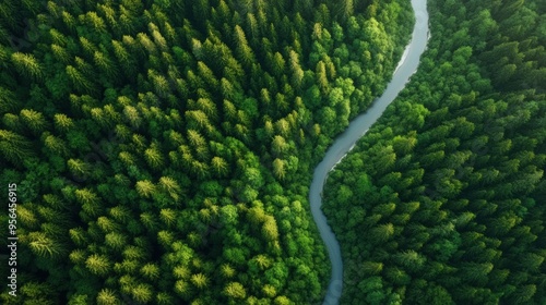 Aerial a dense forest with a winding river cutting through the greenery, sunlight casting long shadows from the tall trees