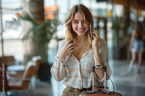 On a sunny summer morning at airport, a woman with a vibrant smile and a suitcase in tow engages in a lively phone call with a contact in lobby, her mobile phone in hand as she eagerly networks and ch photo