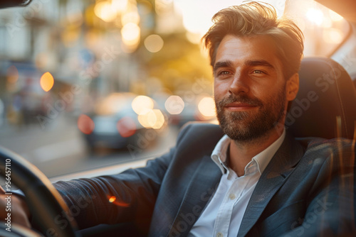 On a sunny summer morning, young businessman in an elegant suit exuded confidence and determination as he navigated bustling city streets from a high-angle view, panoramic view capturing vibrant energ photo