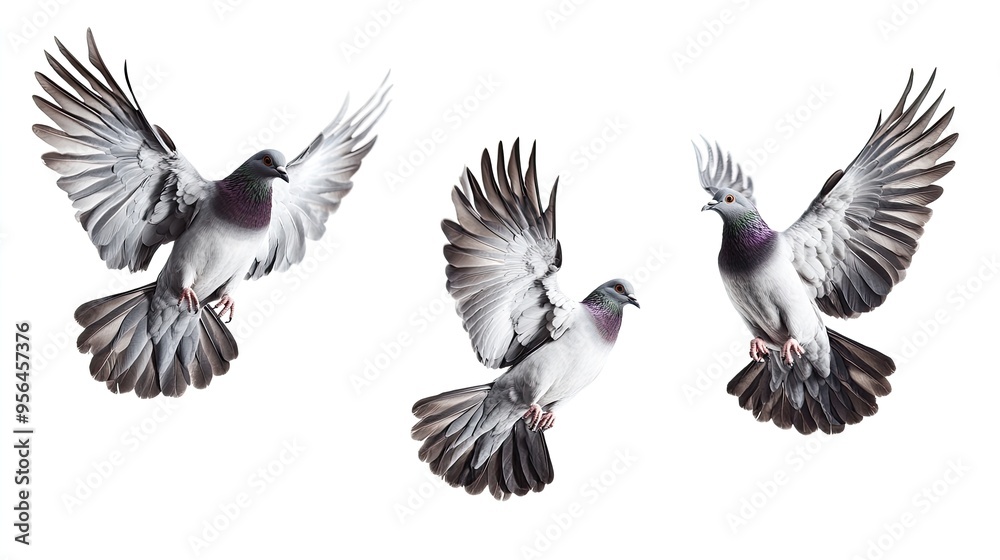Obraz premium Three pigeons in flight with their wings spread wide, showcasing their beautiful feathers.