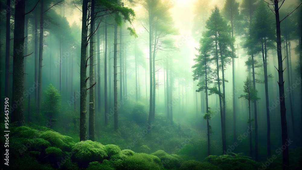 Obraz premium Beautiful forest with a lot of green trees enveloped in fog