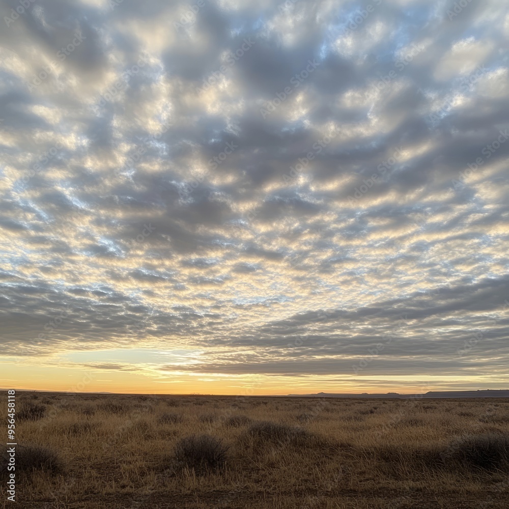 Naklejka premium A vast, open field with tall grass and a distant horizon under a cloudy sky with a golden sunset.