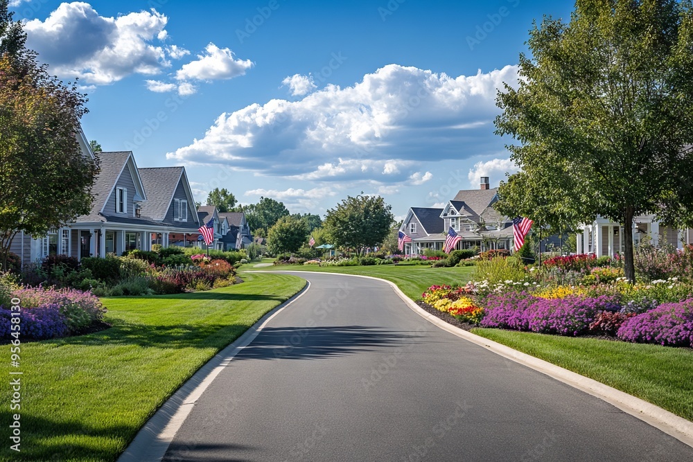 Peaceful Suburban Street with American Flags. AI generated illustration Peaceful Suburban Street with American Flags. AI generated illustration
