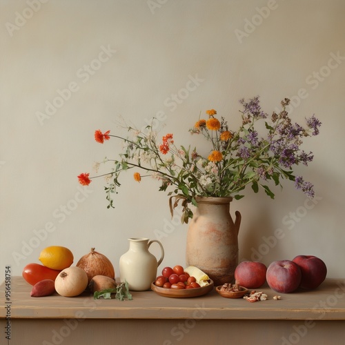Classic Still Life with Floral Arrangement and Table Setting