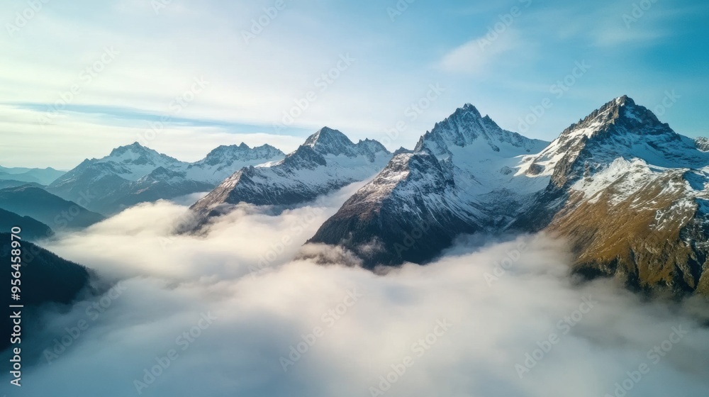 Aerial a rugged mountain range with snow-capped peaks and mist rising from the valleys below, a dramatic and awe-inspiring scene