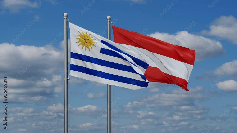 Austria and Uruguay flags flying together, video concept of the relationship, two country relations concept Austria and Uruguay flags flying together, video concept of the relationship, two country relations concept