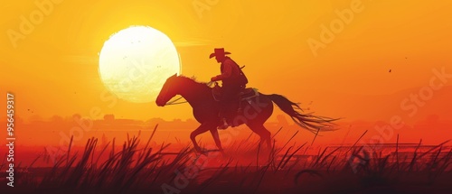 A cowboy rides a galloping horse at sunset in a vast Western landscape, with traditional attire, long shadows, and vibrant sky, capturing movement and natural beauty. photo