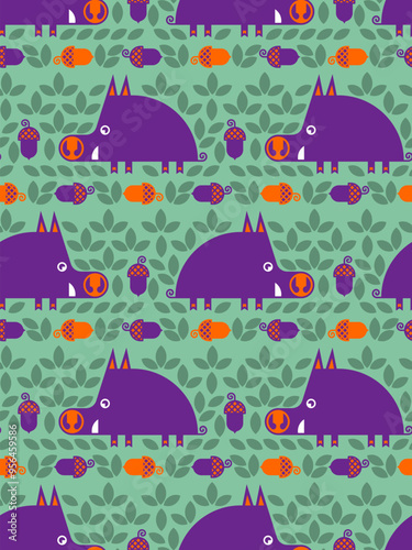 Boar pattern seamless. Cute hog and offspring background. Wild pig texture. Baby fabric texture