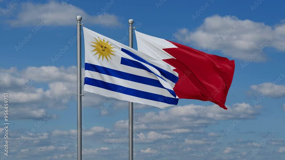 Bahrain and Uruguay flags flying together, video concept of the relationship, two country relations concept Bahrain and Uruguay flags flying together, video concept of the relationship, two country relations concept
