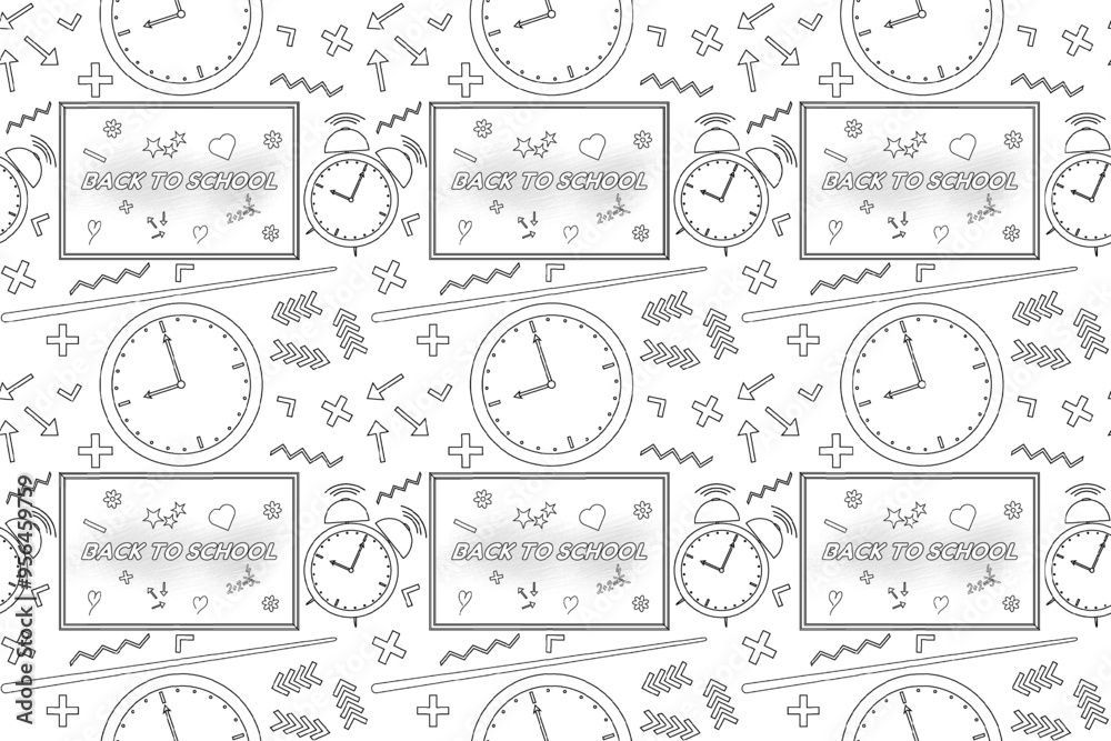 A seamless pattern coloring page with clocks, chalkboards, and back-to-school elements. Ideal for educational projects. A seamless pattern coloring page with clocks, chalkboards, and back-to-school elements. Ideal for educational projects.