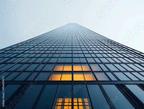 A tall modern skyscraper reaching towards the sky, featuring sleek glass panels and distinctive illuminated windows.