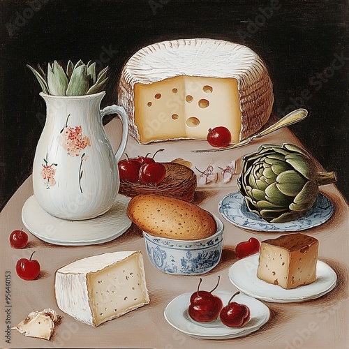 Baroque Still Life with Cheeses, Artichoke, and Cherries