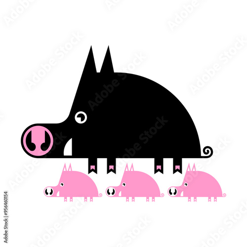 Boar and piglets cartoon style. Cute hog and offspring isolated. Wild pig