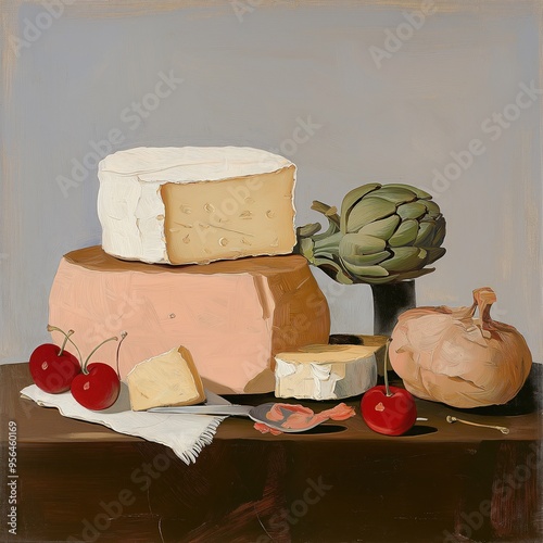 Baroque Still Life with Cheeses, Artichoke, and Cherries