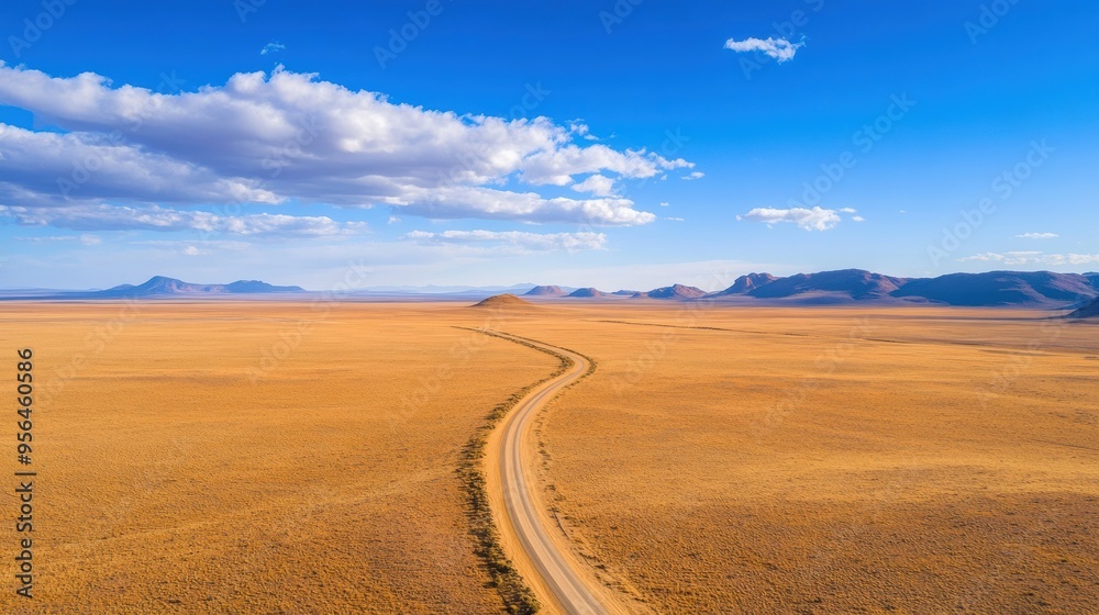 Aerial a vast desert landscape with a solitary road cutting through, illustrating the isolation and expanse of the natural environment Aerial a vast desert landscape with a solitary road cutting through, illustrating the isolation and expanse of the natural environment