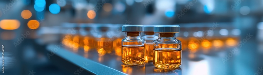 Close-Up of Medical Vials with Orange Liquid on a Production Line in a Pharmaceutical Manufacturing Facility Close-Up of Medical Vials with Orange Liquid on a Production Line in a Pharmaceutical Manufacturing Facility