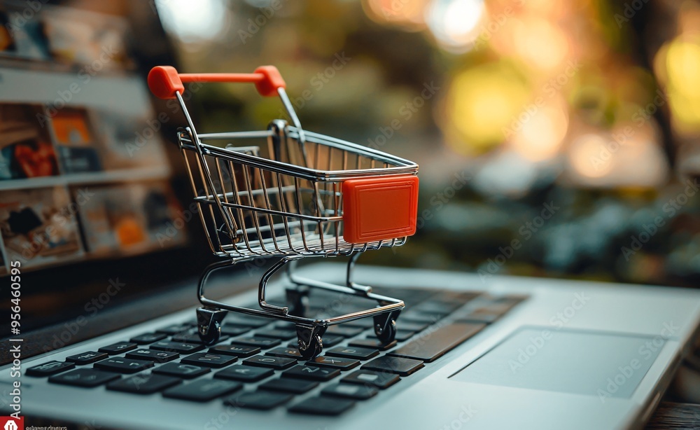 A shopping cart model placed on a laptop keyboard symbolizes online business and e-commerce with copy space. A shopping cart model placed on a laptop keyboard symbolizes online business and e-commerce with copy space.