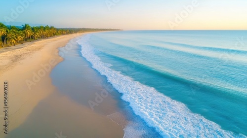 Aerial a tranquil beach at sunrise with gentle waves washing over the shore and palm trees lining the edge of the sand