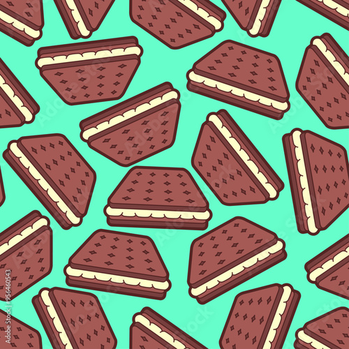 Cookies with filling pattern seamless. Chocolate cookies with cream background.	