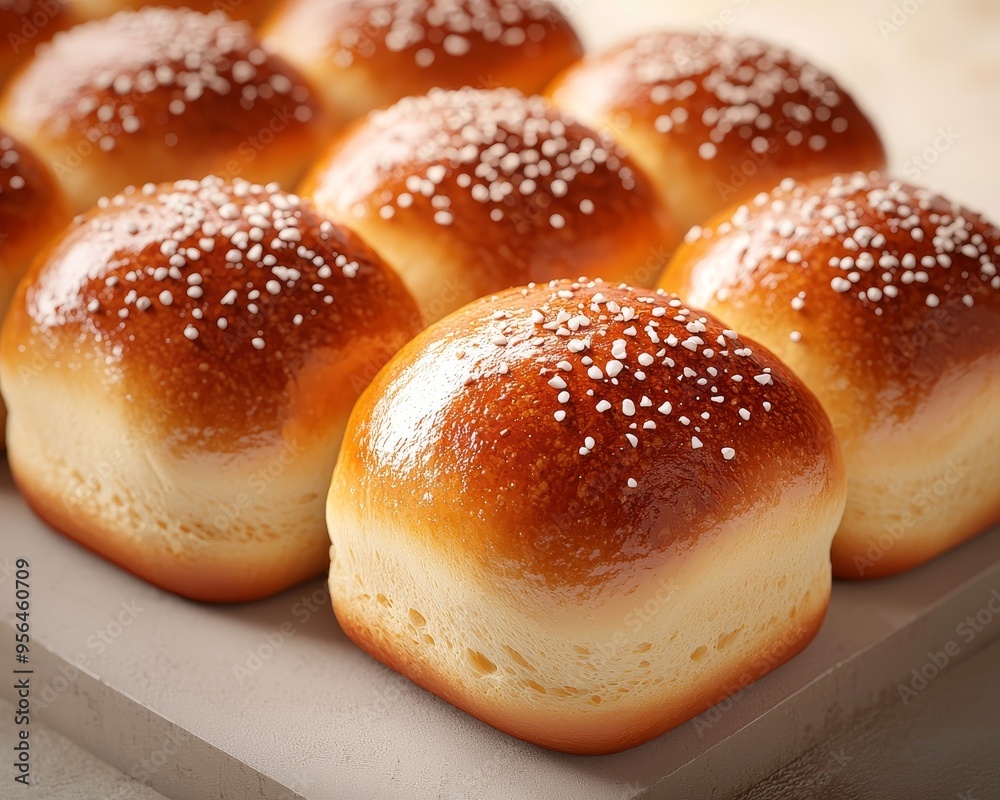A tray of freshly baked, golden brown dinner rolls sprinkled with salt. A tray of freshly baked, golden brown dinner rolls sprinkled with salt.