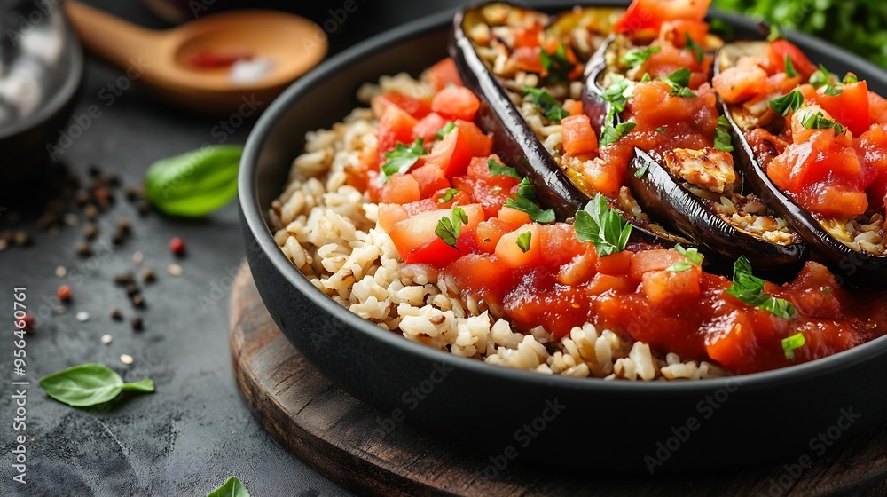 Healthy meal for dinner or lunch with stuffed eggplant brown rice tuna and tomato sauce : Generative AI Healthy meal for dinner or lunch with stuffed eggplant brown rice tuna and tomato sauce : Generative AI