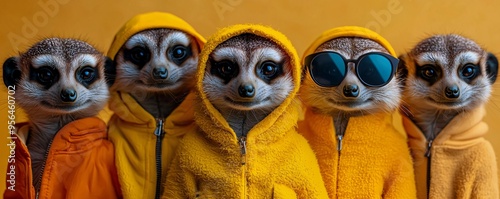 Playful meerkats in vibrant outfits perfect for fun birthday party invites or advertisements. Ideal for Business with copy space.