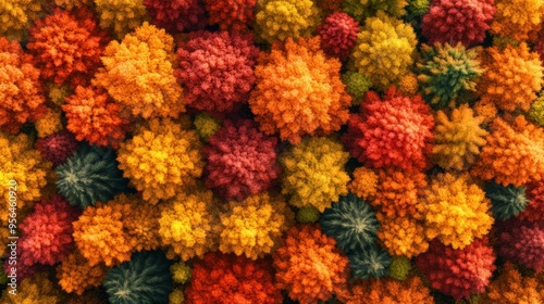 Aerial a vibrant autumn forest with trees displaying a mix of red, orange, and yellow leaves, forming a colorful mosaic from above