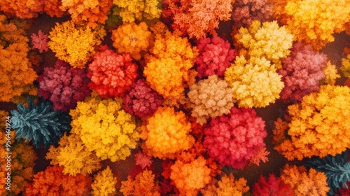 Aerial a vibrant autumn forest with trees displaying a mix of red, orange, and yellow leaves, forming a colorful mosaic from above
