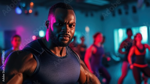 A fitness trainer engages a diverse group of individuals in an energetic workout session at a modern gym, showcasing strength and motivation in a lively atmosphere