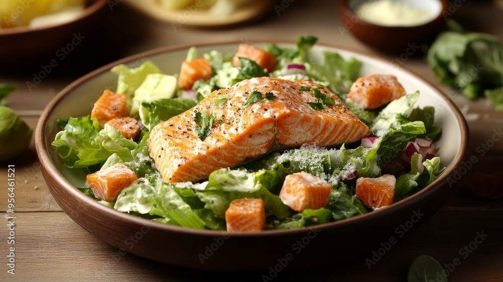 Caesar Salad with Salmon on wooden table Caesar Salad with Salmon on wooden table