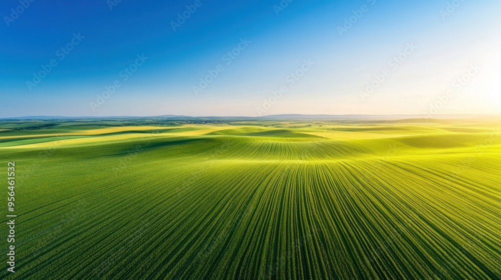 Obraz premium Aerial rolling plains with patchwork fields of crops in varying shades of green and yellow, stretching out to the horizon under a clear blue sky