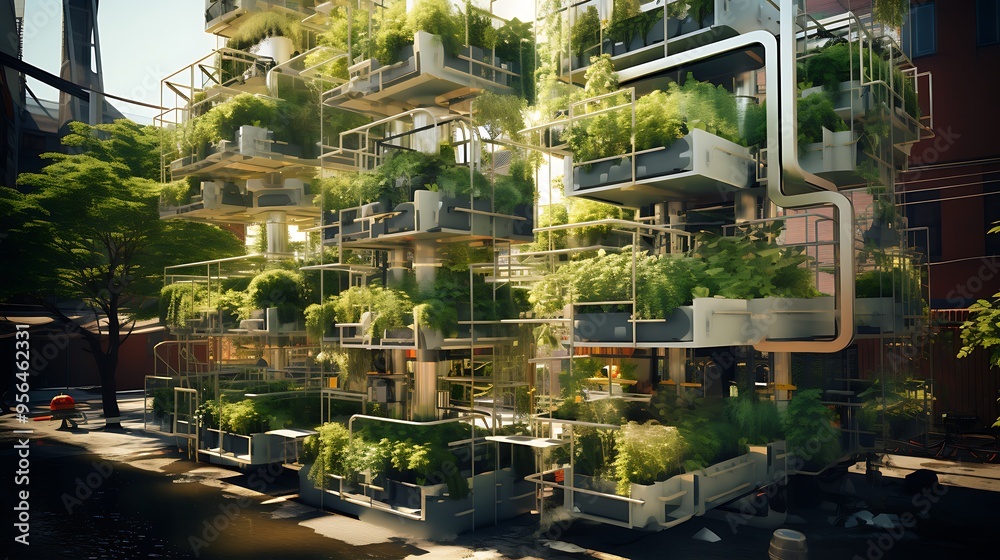 A creative composition of a sustainable urban farm with vertical gardening and aquaponics, showcasing innovative solutions for local food production. A creative composition of a sustainable urban farm with vertical gardening and aquaponics, showcasing innovative solutions for local food production.