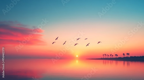 A vibrant sunset over a calm sea with a flock of birds flying in formation.