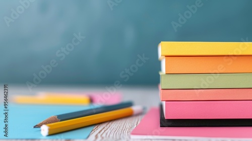 A vibrant stack of colorful books beside pencils on a wooden desk, ideal for educational and creative concepts.