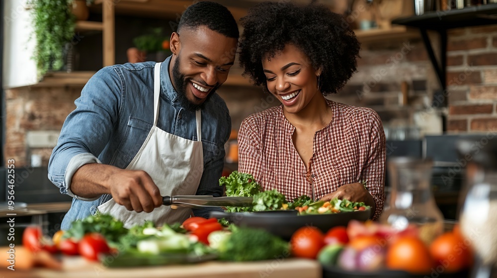 Happy african american couple cutting vegetables preparing meal together in kitchen Cooking healthy lifestyle togetherness food and domestic life unaltered : Generative AI Happy african american couple cutting vegetables preparing meal together in kitchen Cooking healthy lifestyle togetherness food and domestic life unaltered : Generative AI