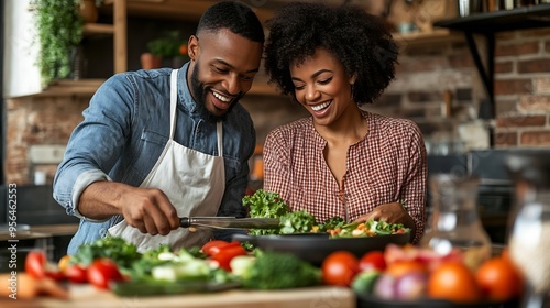 Happy african american couple cutting vegetables preparing meal together in kitchen Cooking healthy lifestyle togetherness food and domestic life unaltered : Generative AI