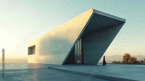 The contrast between modern architectural masterpieces and humanistic elements, the black dress of a woman in front of a concrete building showcases the harmony between sharp lines and human form. photo