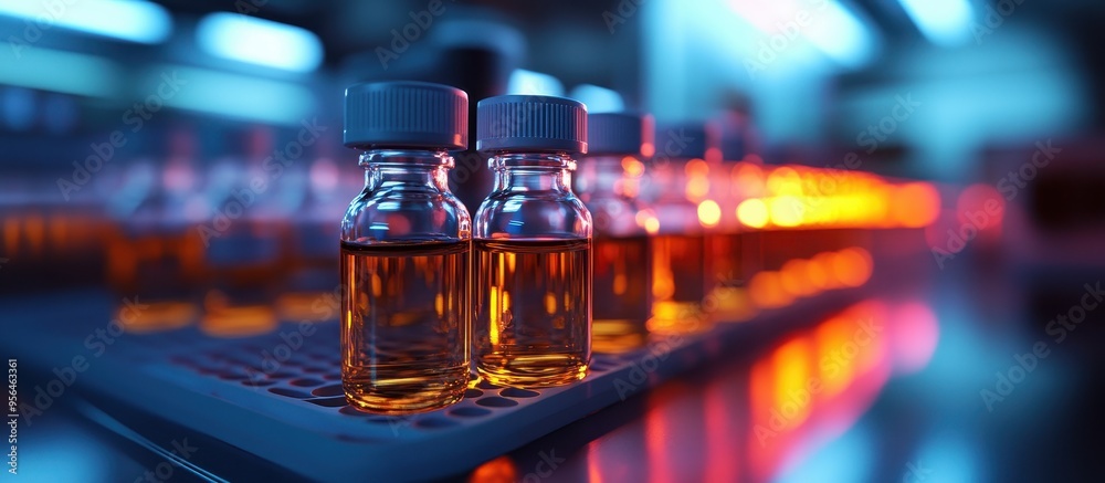 Close-Up of Vials with Orange Liquid in a Modern Laboratory Setting with Blue and Red Lighting Close-Up of Vials with Orange Liquid in a Modern Laboratory Setting with Blue and Red Lighting