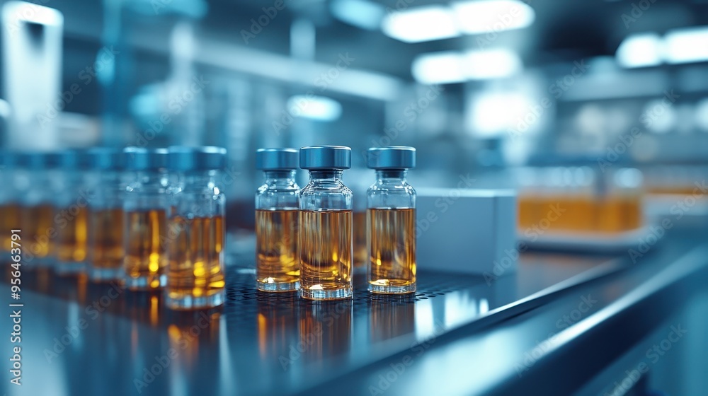 Close-Up of Vaccine Vials on a Production Line in a Modern Pharmaceutical Manufacturing Facility Close-Up of Vaccine Vials on a Production Line in a Modern Pharmaceutical Manufacturing Facility